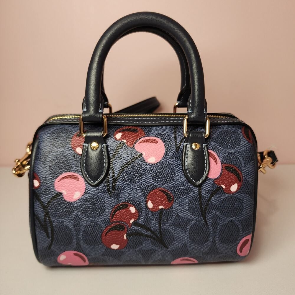 NWT Coach CY741 Mini Rowan Crossbody Bag Signature Cherry Print Denim Blue - Picture 3 of 7